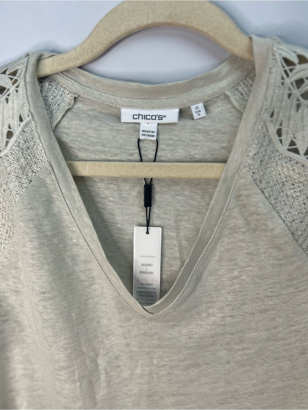 Chico's Cream Crochet-Sleeve V-Neck Tee - Picture 5 of 12